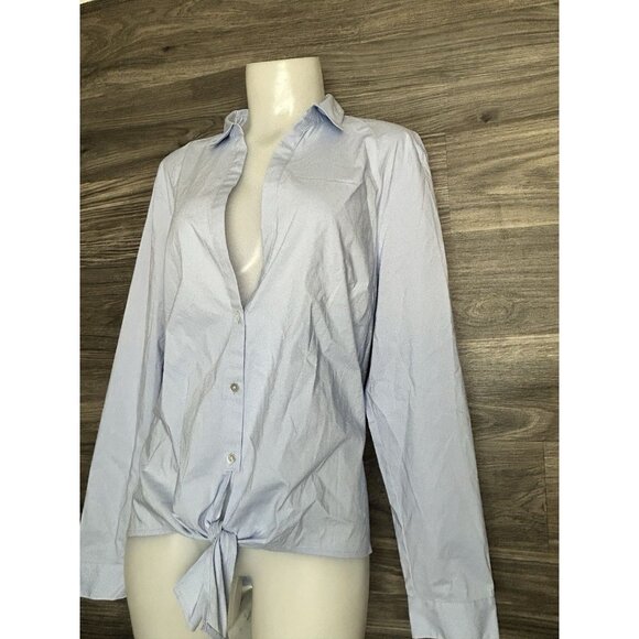 J Jill Womens L Light Blue V Neck Collared Button Up Shirt Blouse Tie Front Top - Picture 4 of 8